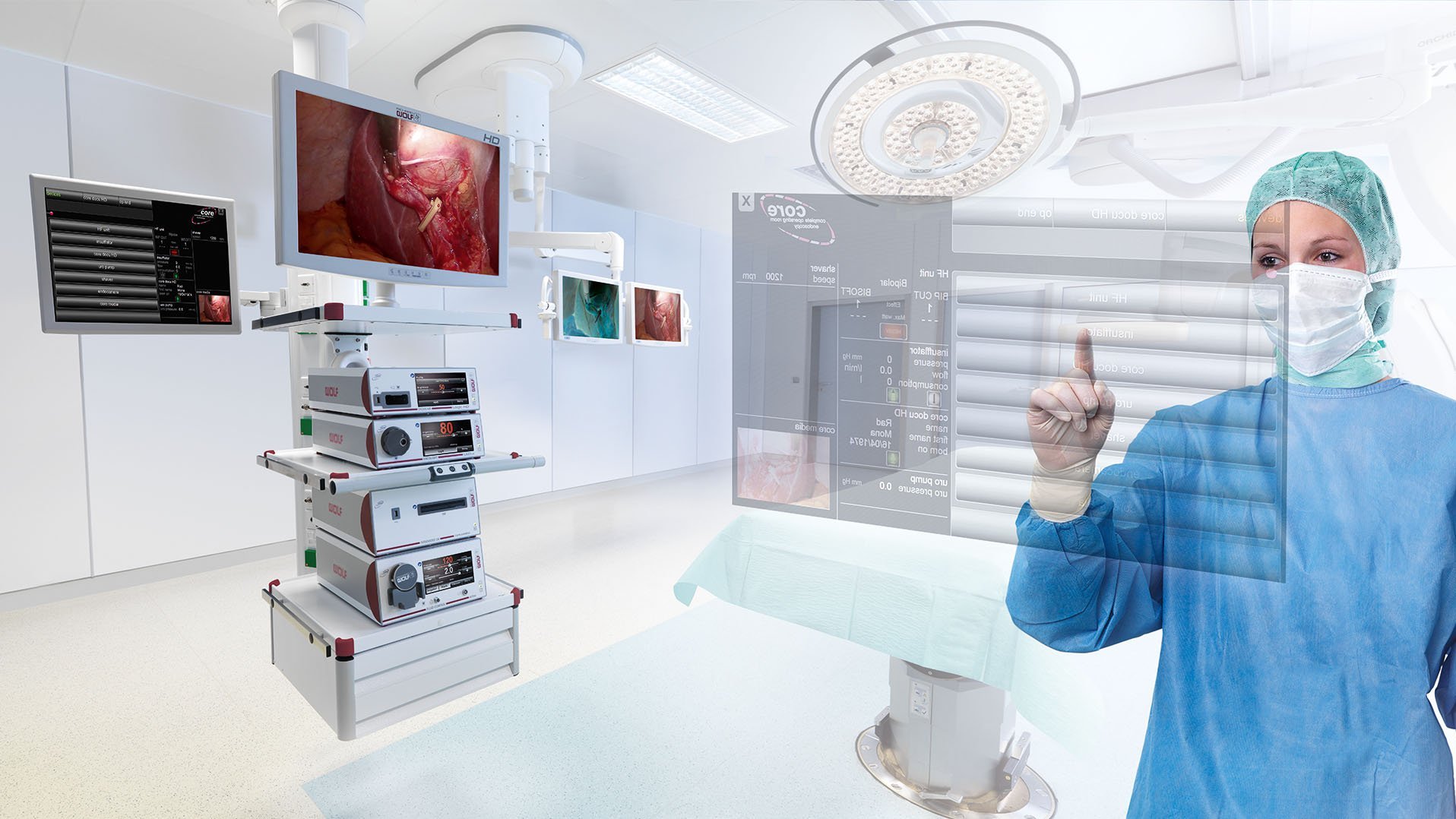riwospine-or-integration-endoscopic-system-digital-surgery.png RIWOspine digital OR integration – endoscopic system with surgeon in high-tech operating room
