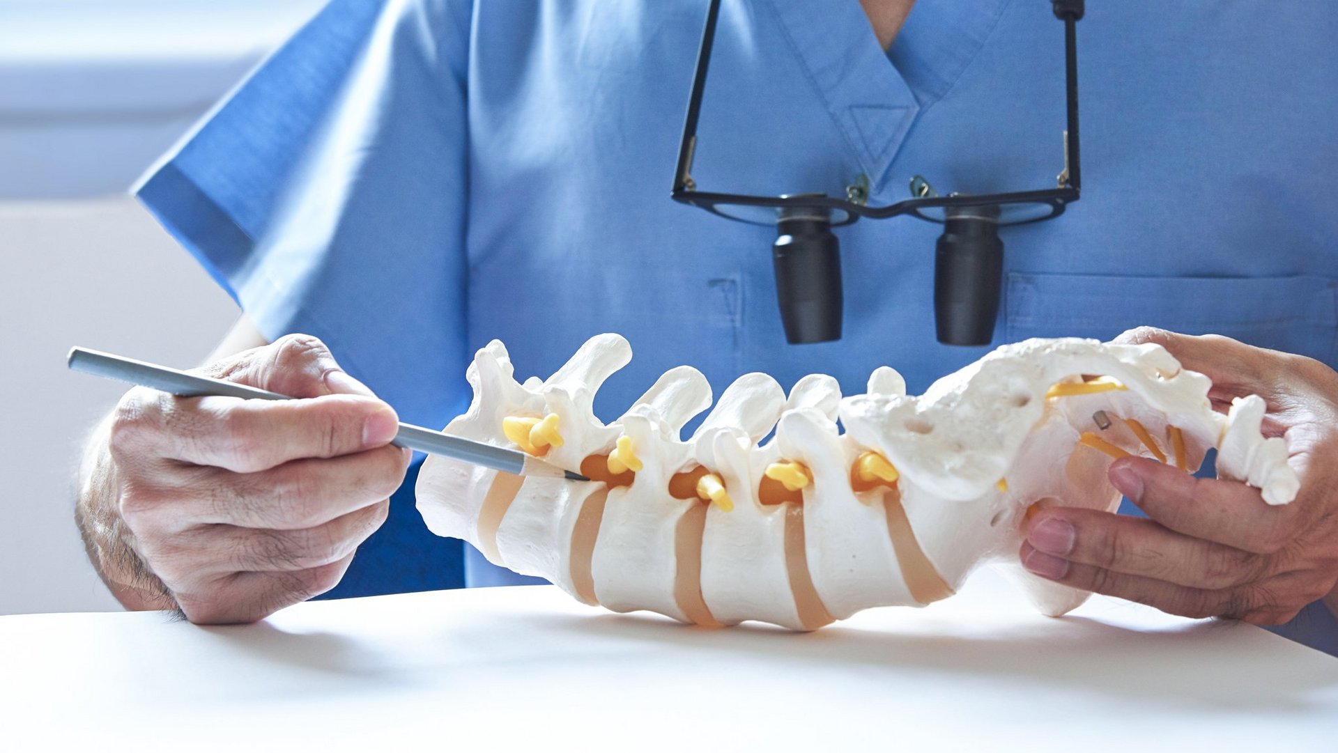 riwospine-lumbar-stenosis-anatomy-model-education.png Surgeon's hands pointing at a spinal model to explain an intervertebral disc