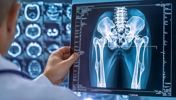 riwospine-sacroiliac-joint-denervation-xray-pain-relief.png Doctor examining pelvic X-ray – sacroiliac joint denervation for chronic back pain relief