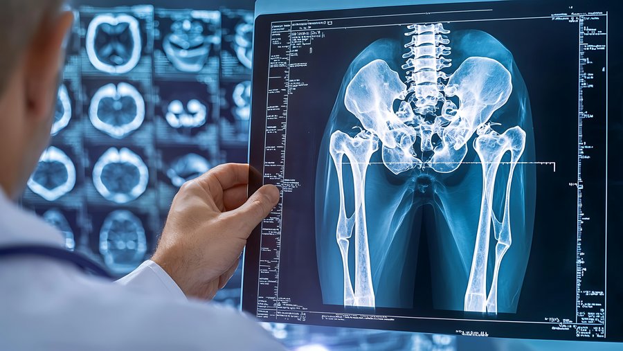 riwospine-sacroiliac-joint-denervation-xray-pain-relief.png Doctor examining pelvic X-ray – sacroiliac joint denervation for chronic back pain relief